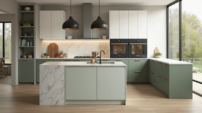 Luxurious open-concept kitchen featuring two-tone sage green and white cabinets, a marble-veined quartz waterfall island, and artisanal decor, captured in soft morning light.