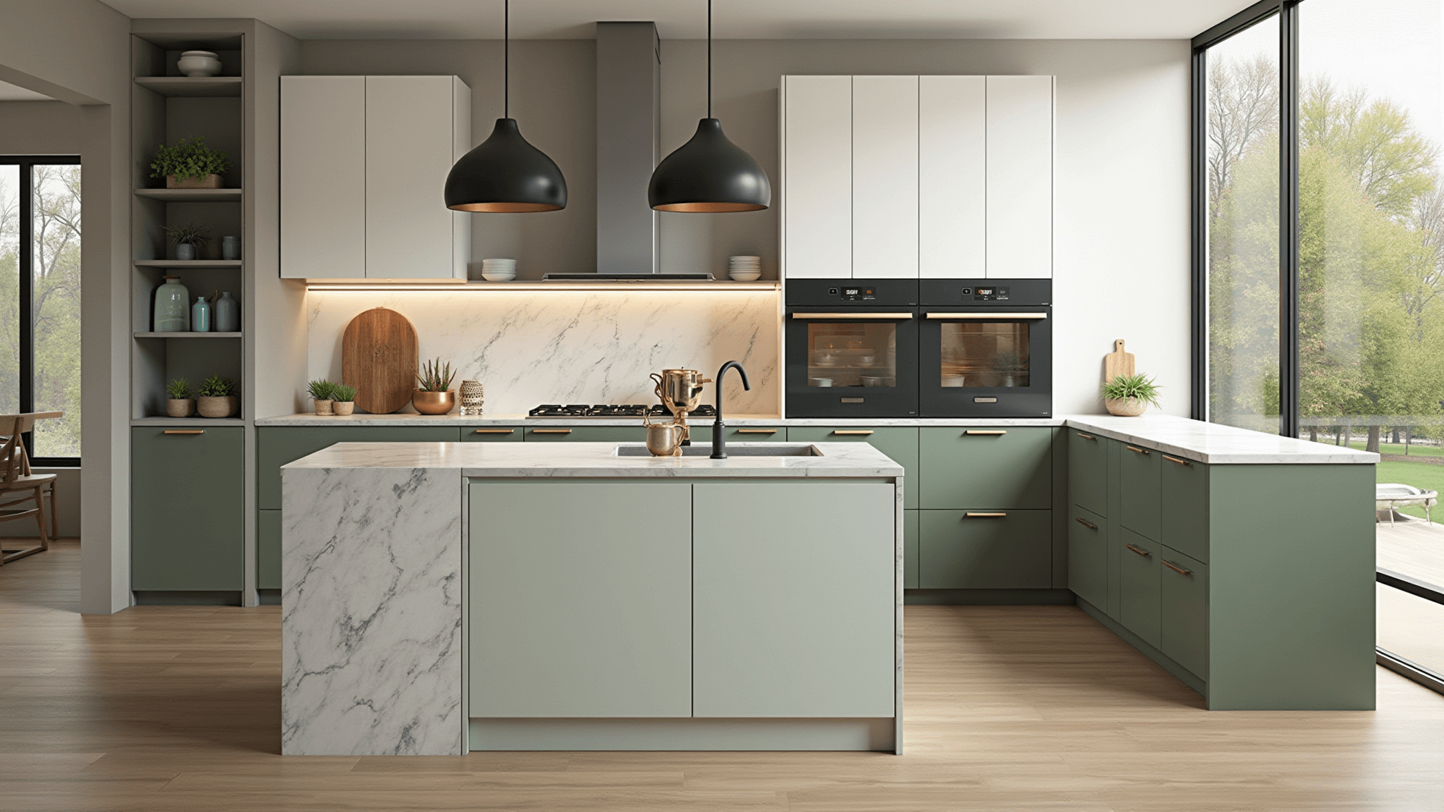 Luxurious open-concept kitchen featuring two-tone sage green and white cabinets, a marble-veined quartz waterfall island, and artisanal decor, captured in soft morning light.