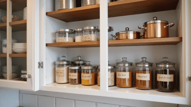 Photorealistic shot of a modern kitchen cabinet showcasing organized glass containers, copper and stainless steel cookware, bamboo dividers, and handwritten labels, illuminated by warm LED lighting and morning sunlight, with a soft bokeh background.