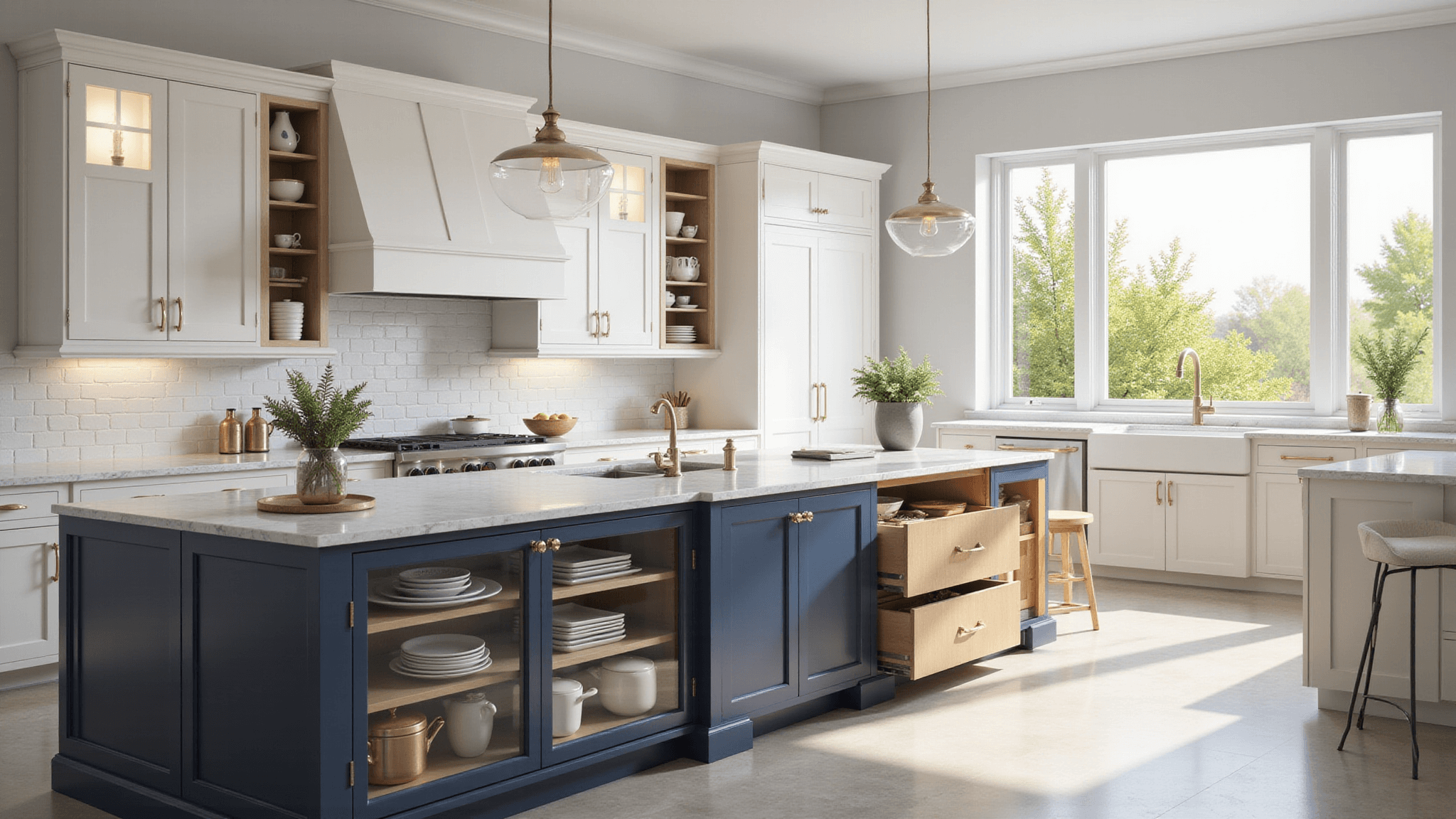 A luxurious modern kitchen featuring white inset cabinets with gold hardware, a navy blue island, and ample storage solutions, illuminated by soft morning light from floor-to-ceiling windows.