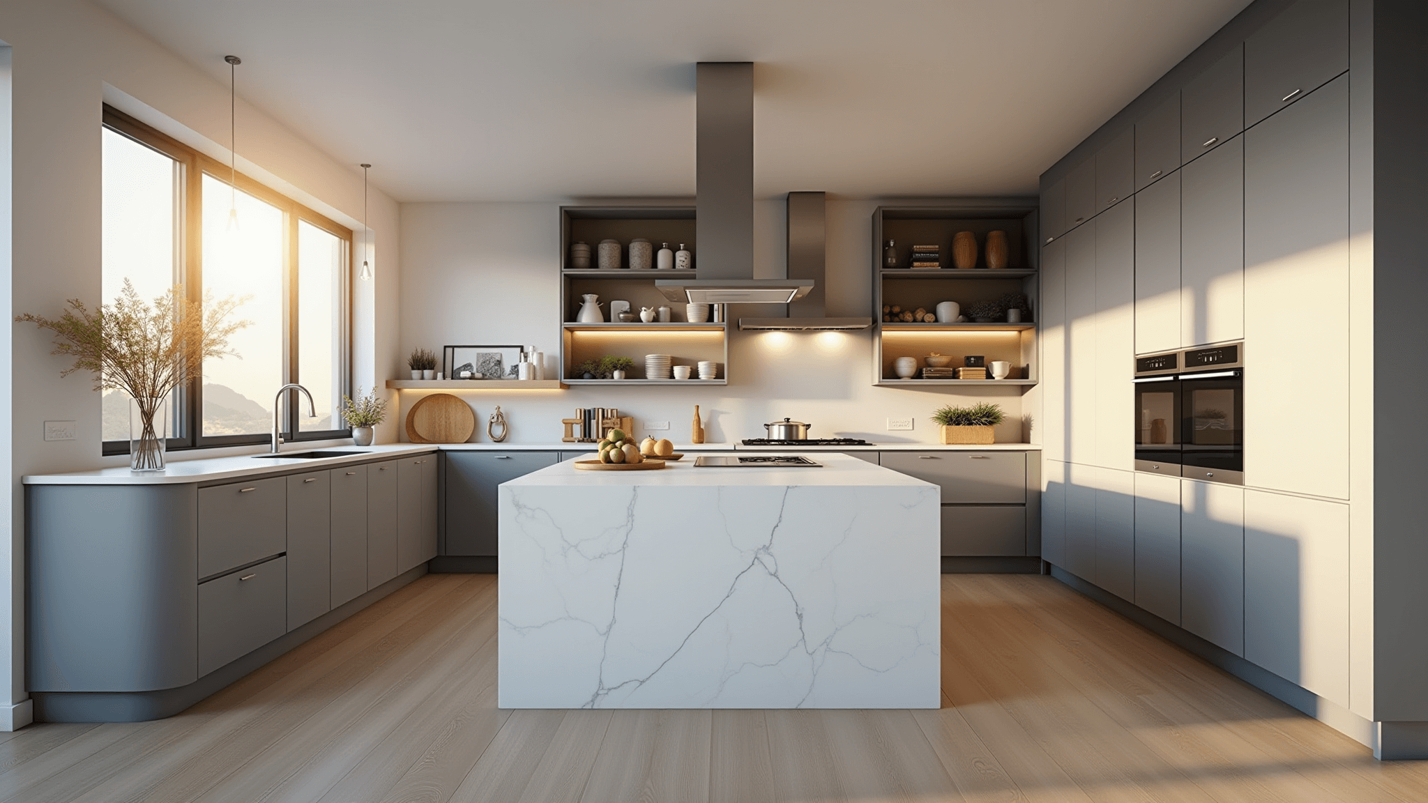 Photorealistic modern gray kitchen interior during golden hour, featuring matte light gray cabinets, a white quartz waterfall island, stainless steel appliances, and floor-to-ceiling windows with natural light.