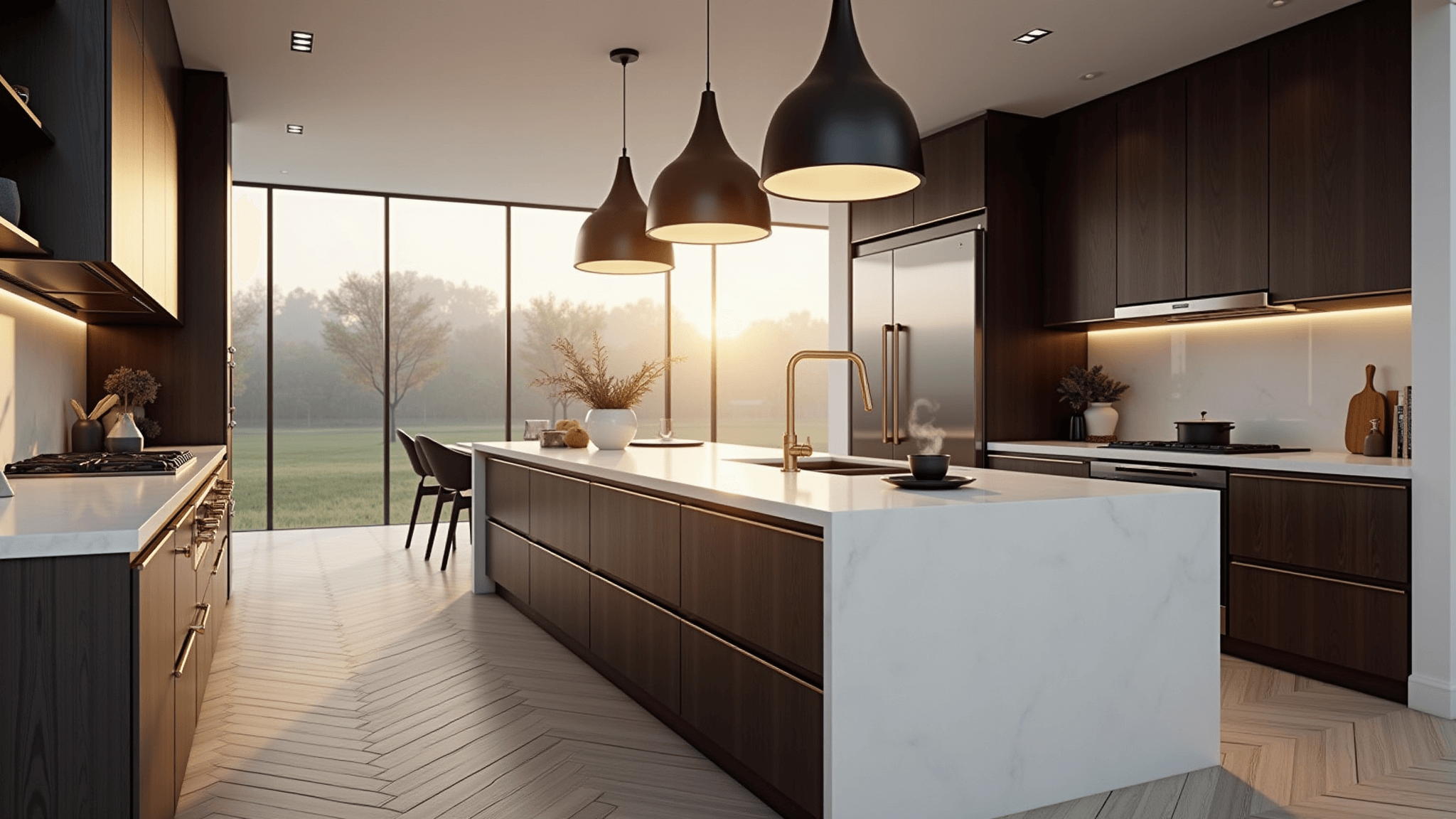 Photorealistic wide-angle image of a luxury contemporary kitchen at sunrise, showcasing espresso-stained cabinets, white quartz waterfall island, black pendant lights, and natural oak herringbone flooring, with sunlight streaming through large windows and steam rising from a coffee cup.