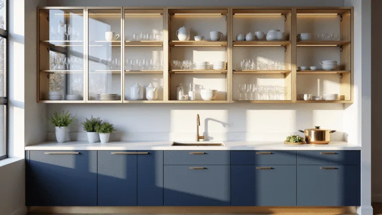 Photorealistic image of a modern kitchen with glass cabinets and brass frames, showcasing organized porcelain and crystal, navy blue lower cabinets, white quartz countertops, and warm sunlight streaming through large windows, featuring copper cookware and fresh herbs.