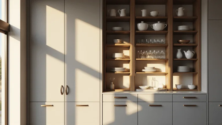 Photorealistic interior of a modern luxury kitchen featuring floor-to-ceiling glass cabinets displaying white ceramics and crystal glassware, accented by white quartz countertops and brushed gold hardware, illuminated by warm golden hour sunlight.