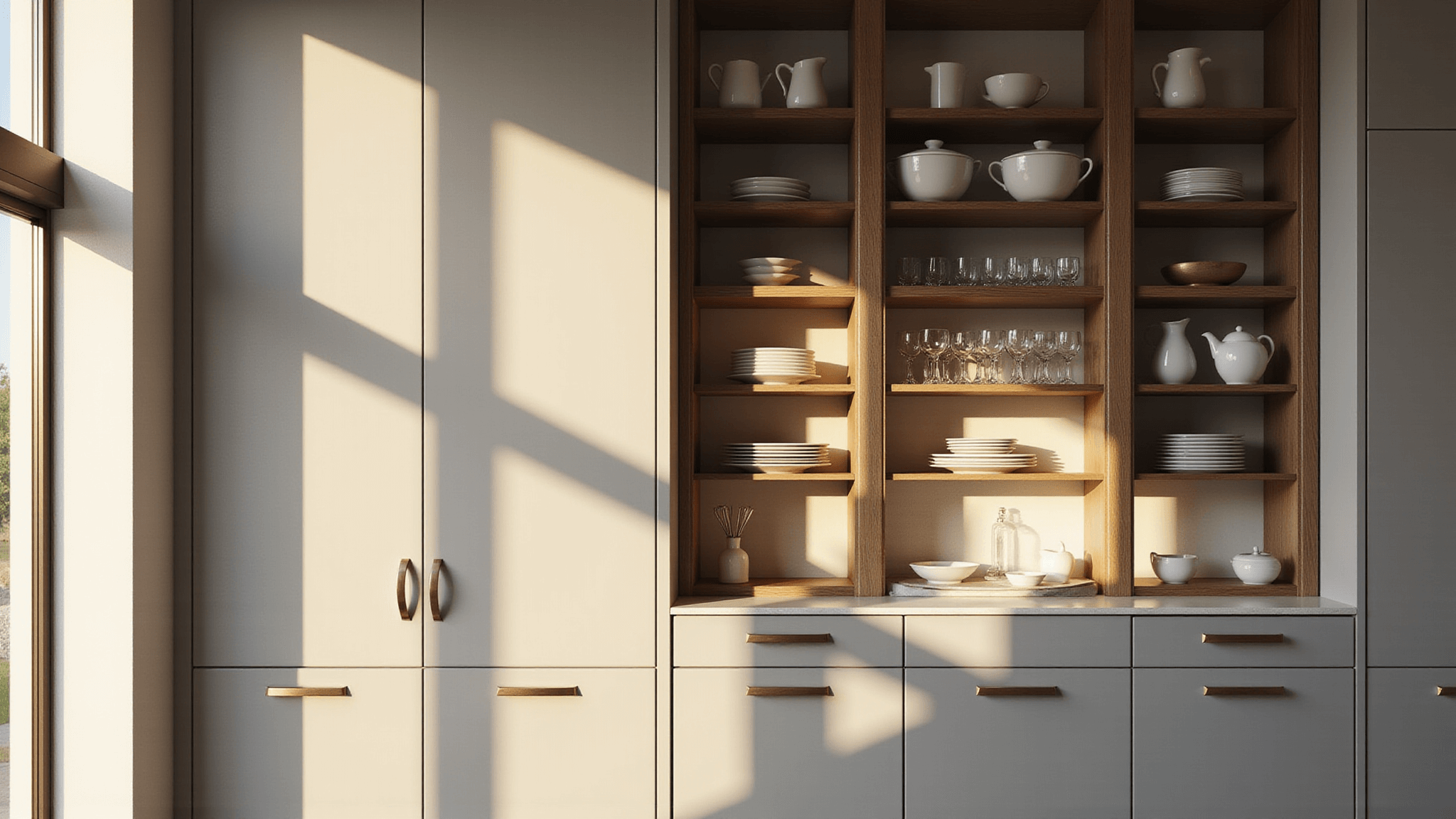 Photorealistic interior of a modern luxury kitchen featuring floor-to-ceiling glass cabinets displaying white ceramics and crystal glassware, accented by white quartz countertops and brushed gold hardware, illuminated by warm golden hour sunlight.