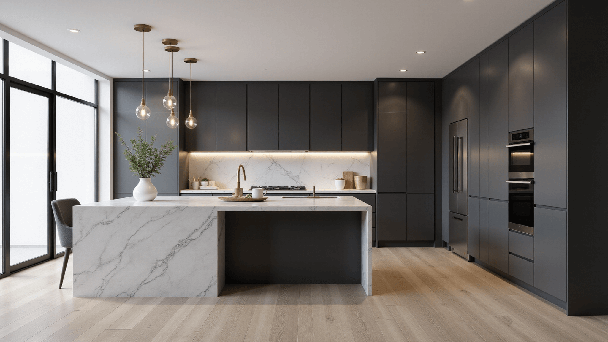 Photorealistic interior of a luxurious modern kitchen with dark gray cabinets, white quartz island, and brass pendant lights, highlighted by natural light and wide-plank oak flooring.
