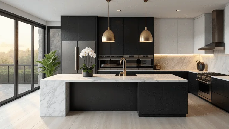 Photorealistic wide-angle shot of a luxurious modern kitchen featuring matte black lower cabinets and glossy white upper cabinets, a Carrara marble waterfall island, natural light from floor-to-ceiling windows, minimalist brass pendant lights, and high-end stainless steel appliances, all captured in golden hour lighting with ultra-detailed textures.