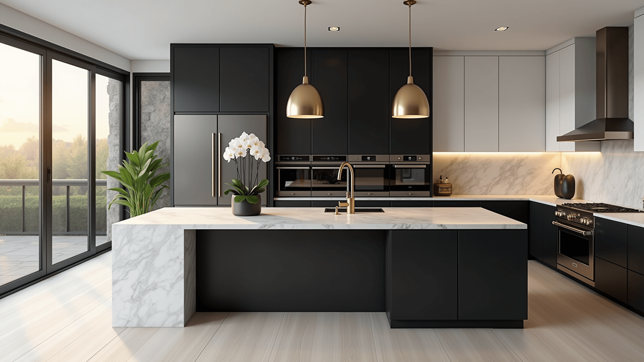 Photorealistic wide-angle shot of a luxurious modern kitchen featuring matte black lower cabinets and glossy white upper cabinets, a Carrara marble waterfall island, natural light from floor-to-ceiling windows, minimalist brass pendant lights, and high-end stainless steel appliances, all captured in golden hour lighting with ultra-detailed textures.