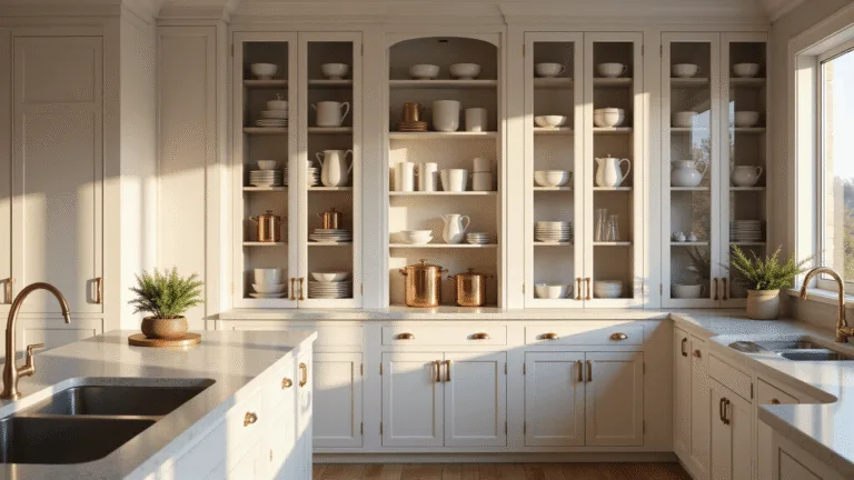 Luxurious modern kitchen with floor-to-ceiling glass cabinets showcasing white ceramics and copper cookware, illuminated by warm golden hour sunlight, highlighting brass hardware and oak flooring.