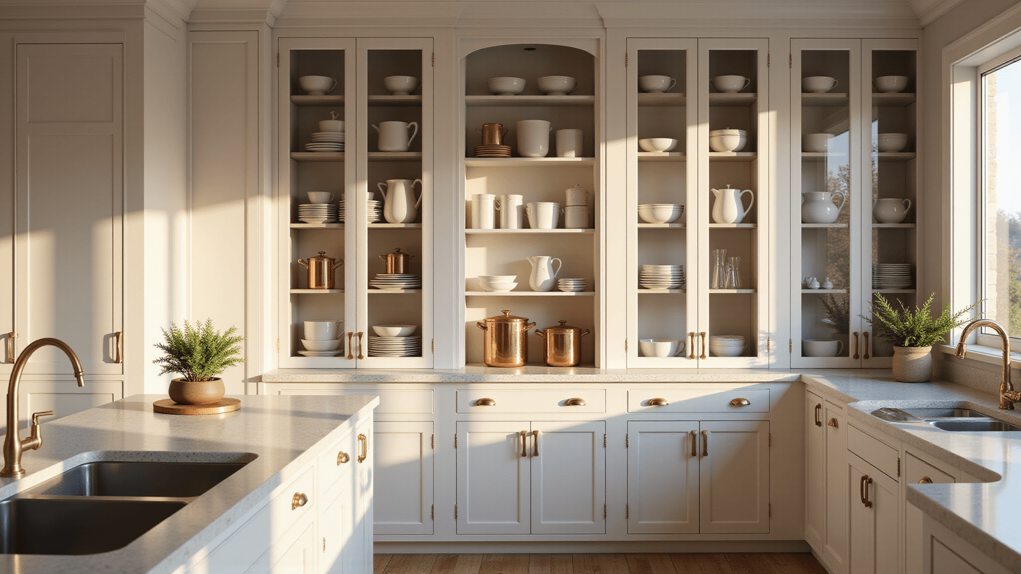 Luxurious modern kitchen with floor-to-ceiling glass cabinets showcasing white ceramics and copper cookware, illuminated by warm golden hour sunlight, highlighting brass hardware and oak flooring.