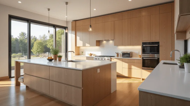 Photorealistic interior of a luxury modern kitchen featuring white oak cabinets, quartz countertops, and natural sunlight, with chrome fixtures and wooden floors, shot in ultra-wide angle at golden hour.