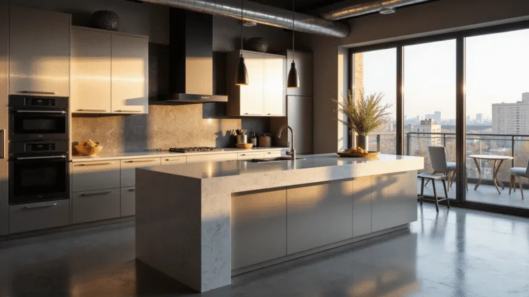 Modern urban loft kitchen featuring brushed aluminum cabinets, a waterfall quartz island, and matte black appliances, captured in dramatic golden hour lighting with polished concrete floors and floor-to-ceiling windows.