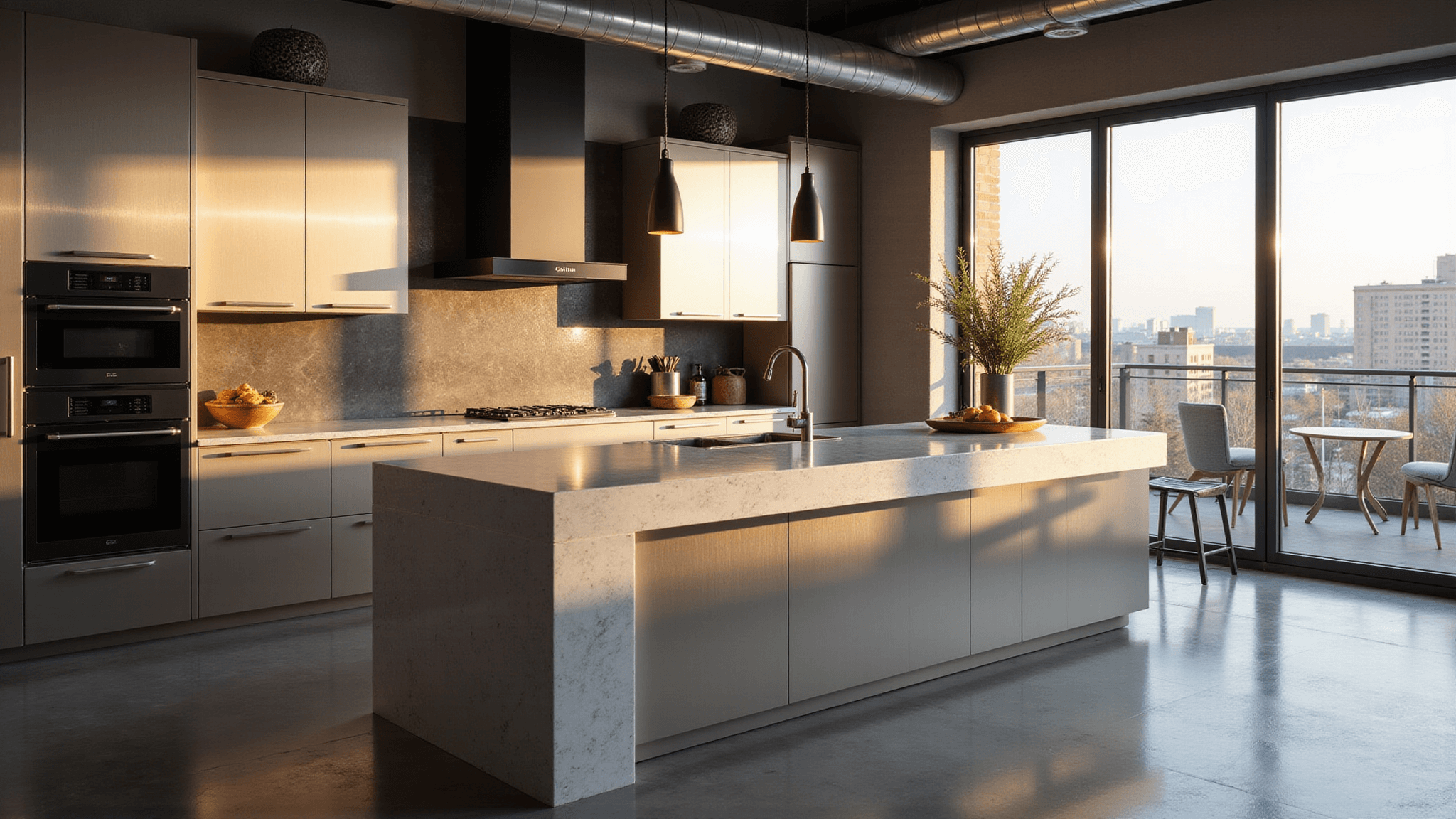 Modern urban loft kitchen featuring brushed aluminum cabinets, a waterfall quartz island, and matte black appliances, captured in dramatic golden hour lighting with polished concrete floors and floor-to-ceiling windows.