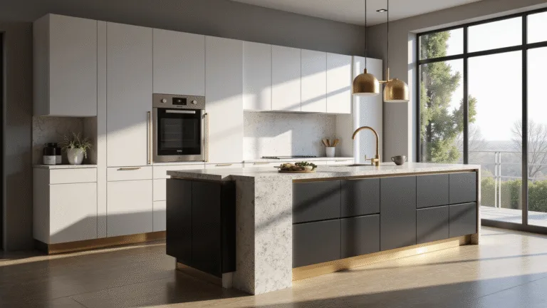Cinematic wide-angle shot of a luxurious modern kitchen featuring two-tone cabinets, a marble waterfall island, and natural lighting, emphasizing material textures and elegant decor elements.