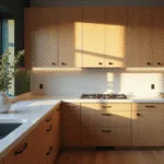 Photorealistic image of a modern kitchen featuring honey oak cabinets, white quartz countertops, and geometric black drawer pulls, illuminated by natural light from east-facing windows, with a forest green accent wall and minimalist decor, shot in 8k resolution.
