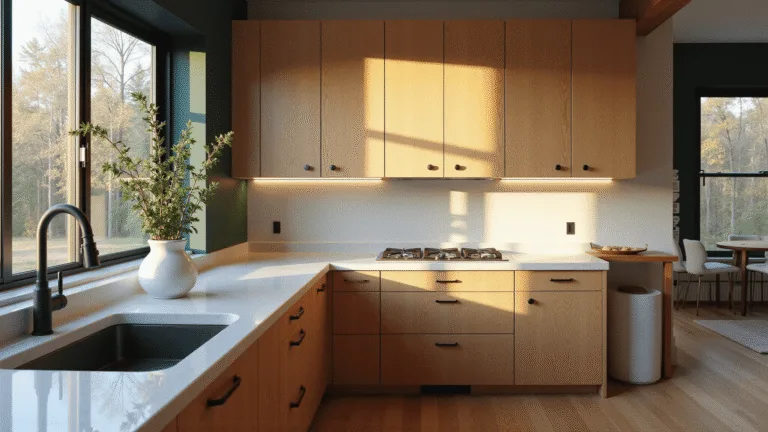 Photorealistic image of a modern kitchen featuring honey oak cabinets, white quartz countertops, and geometric black drawer pulls, illuminated by natural light from east-facing windows, with a forest green accent wall and minimalist decor, shot in 8k resolution.