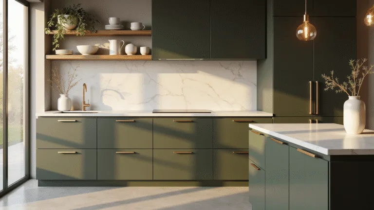 A modern kitchen featuring matte olive green cabinets and white quartz countertops, illuminated by golden hour sunlight through large windows, with brass accents, a minimalist island with a ceramic vase of olive branches, and a blend of textures.