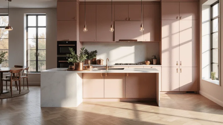 Photorealistic interior shot of a luxurious modern pink kitchen during golden hour, featuring blush pink cabinets with brass hardware, white quartz countertops, a center island with copper cookware, and warm sunlight casting shadows on white oak herringbone flooring.