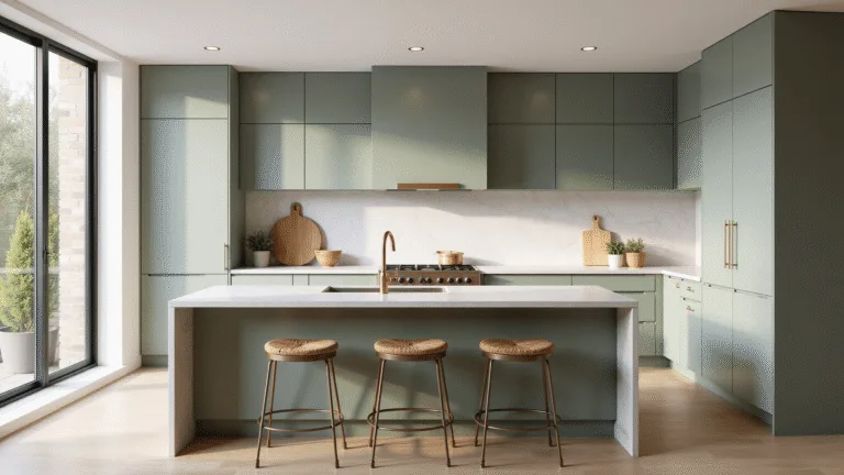 Photorealistic modern kitchen interior featuring sage green shaker cabinets, white quartz waterfall countertops, natural light, and warm wood accents, exuding luxury and minimalist styling.