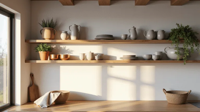 A high-end interior photograph of a modern kitchen with white oak floating shelves, matte ceramic dinnerware, copper cookware, and fresh herbs, beautifully lit by natural sunlight during golden hour.