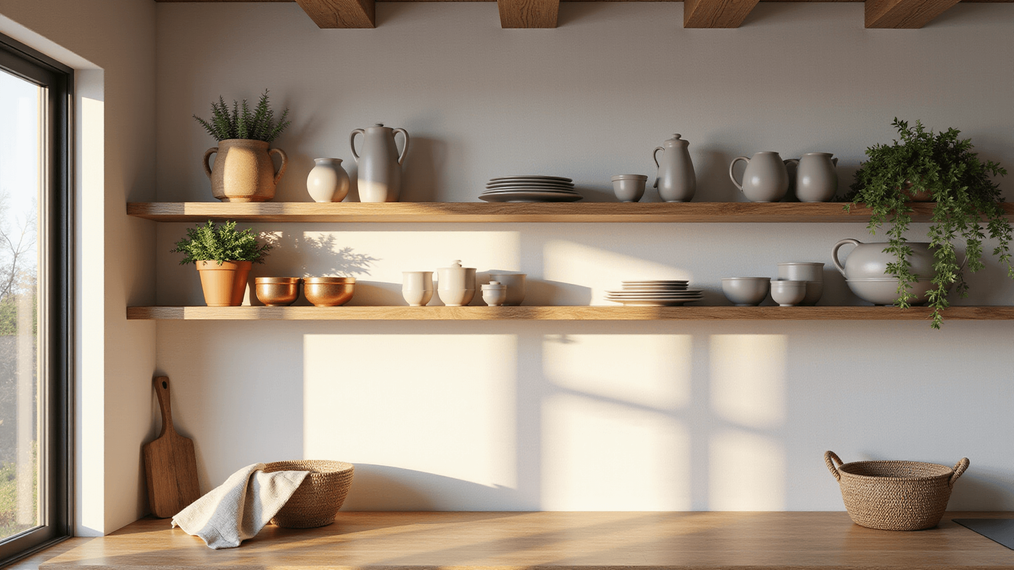 A high-end interior photograph of a modern kitchen with white oak floating shelves, matte ceramic dinnerware, copper cookware, and fresh herbs, beautifully lit by natural sunlight during golden hour.