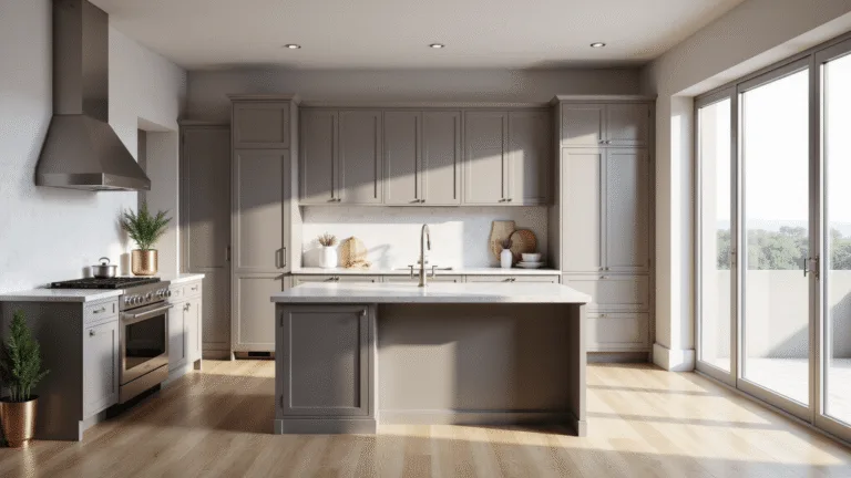 Photorealistic modern kitchen with light taupe shaker cabinets, white quartz countertops, a marble island, and stainless steel appliances, illuminated by natural morning light through large windows, showcasing an airy atmosphere and artistic ceramic decor.