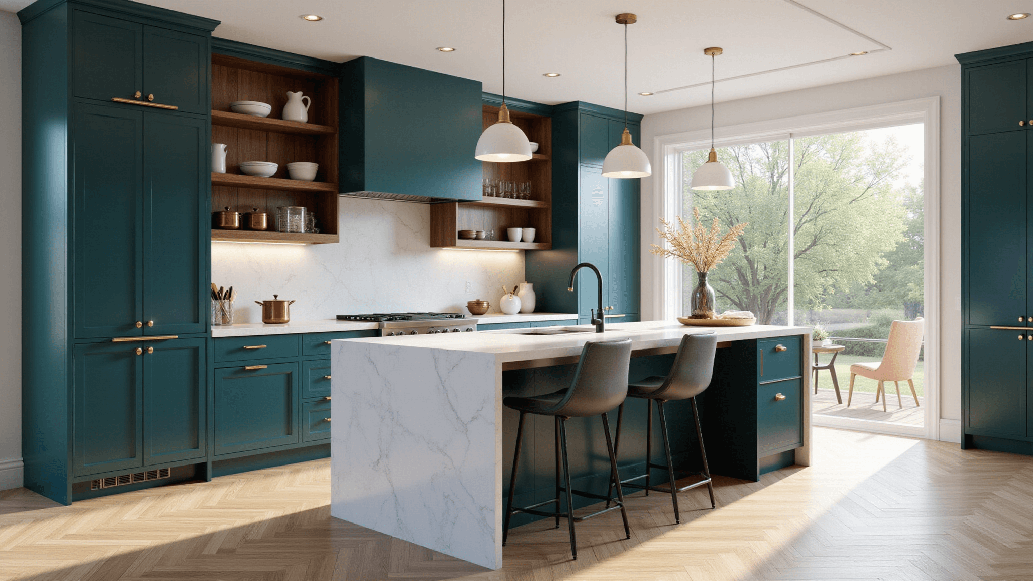 A luxurious modern kitchen featuring deep teal cabinets with brass hardware, a white quartz waterfall island, walnut open shelving, and wide-plank white oak herringbone floors, illuminated by morning sunlight through large windows.
