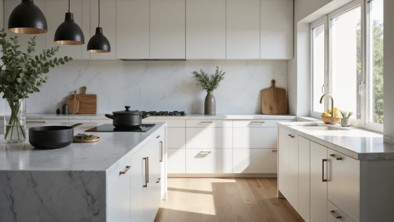 A luxurious modern kitchen with white shaker cabinets, a marble waterfall countertop, and matte black ceramic vessels, featuring soft natural light, polished chrome hardware, and a minimalist Scandinavian design.