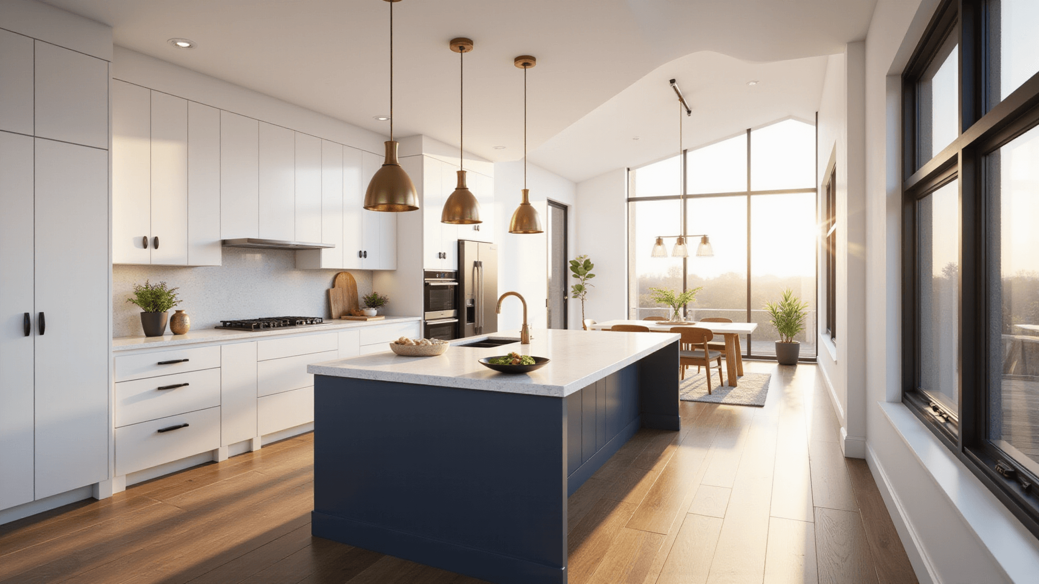 Photorealistic modern kitchen featuring white shaker cabinets, a navy blue island with a quartz waterfall countertop, brass pendant lights, walnut flooring, and natural lighting creating a warm, inviting atmosphere.