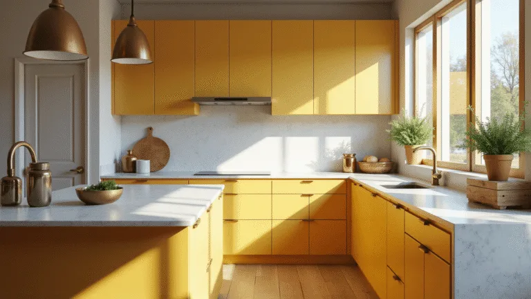 A modern yellow kitchen featuring flat-panel cabinets, white quartz countertops, brass pendant lights, and natural oak flooring, bathed in golden hour sunlight, with decorative artisanal ceramics and copper planters, all captured in a photorealistic 8K image.