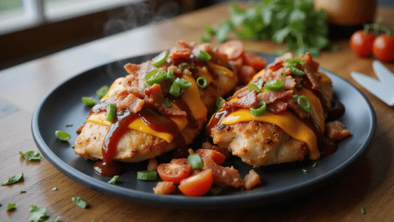 Juicy grilled chicken breast topped with melted Monterey Jack and cheddar cheese, crispy bacon strips, and glossy BBQ sauce, garnished with fresh diced tomatoes and green onions, presented on a matte black ceramic plate with steam wisps rising, shot in soft natural light with a shallow depth of field.