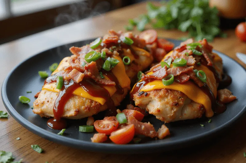 Juicy grilled chicken breast topped with melted Monterey Jack and cheddar cheese, crispy bacon strips, and glossy BBQ sauce, garnished with fresh diced tomatoes and green onions, presented on a matte black ceramic plate with steam wisps rising, shot in soft natural light with a shallow depth of field.