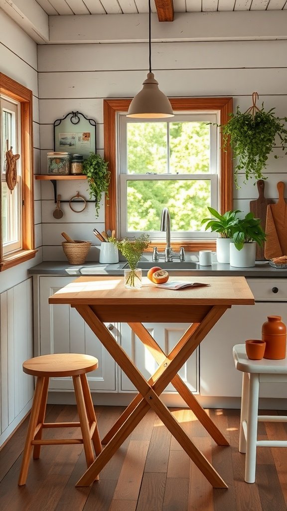 A cozy tiny cottage kitchen featuring a wooden folding table and stools, with plants and kitchenware.