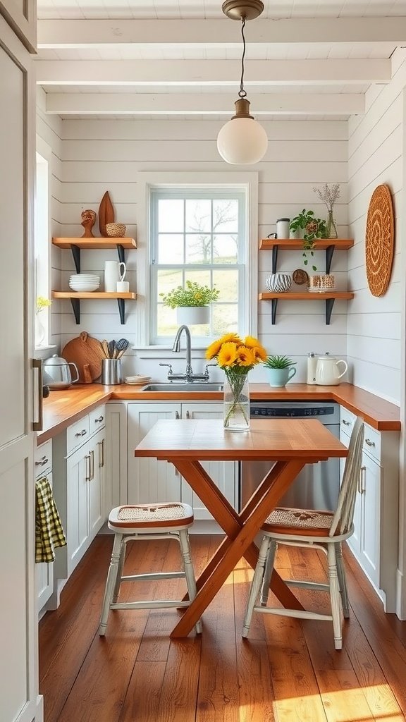 A cozy tiny cottage kitchen featuring a foldable table, two chairs, and open shelving with plants and dishware.