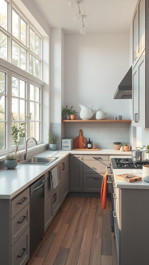 A bright and airy tiny cottage kitchen with large windows, light cabinets, and plants.
