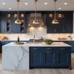 Photorealistic image of a sophisticated navy kitchen featuring shaker-style cabinets with brass hardware, a Calacatta marble island, wide-plank white oak flooring, and dramatic lighting from floor-to-ceiling windows during golden hour.