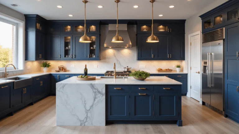 Photorealistic image of a sophisticated navy kitchen featuring shaker-style cabinets with brass hardware, a Calacatta marble island, wide-plank white oak flooring, and dramatic lighting from floor-to-ceiling windows during golden hour.