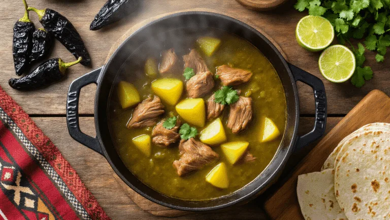 Overhead shot of a weathered cast-iron Dutch oven filled with vibrant emerald-green chile stew featuring caramelized pork and golden potatoes, surrounded by roasted Hatch chiles, fresh cilantro, quartered limes, and warm corn tortillas on a rustic wooden table, with dramatic natural lighting and a Southwestern textile in the corner.