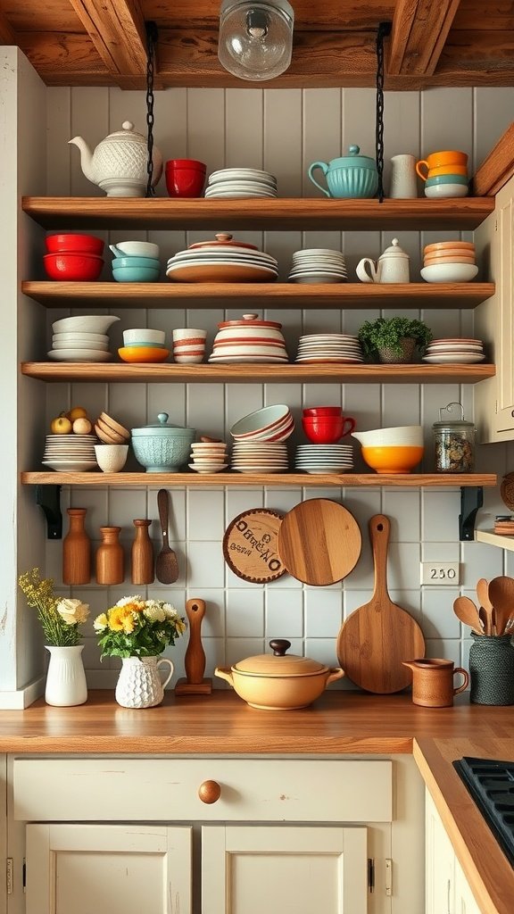 Colorful open shelving in a cozy cottage kitchen displaying dishes, bowls, and wooden utensils.