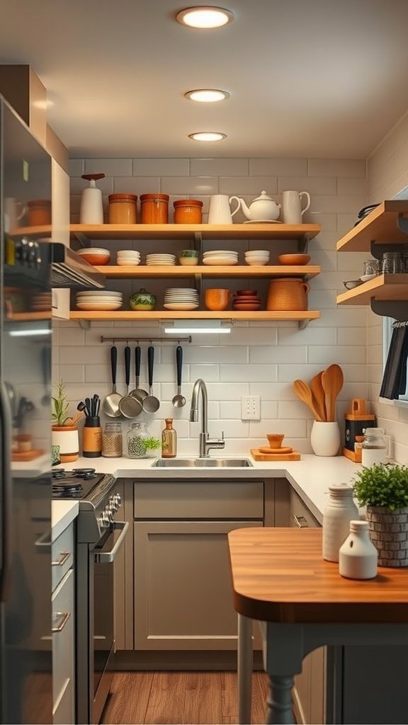 A cozy tiny cottage kitchen with open shelving, warm colors, and organized utensils.