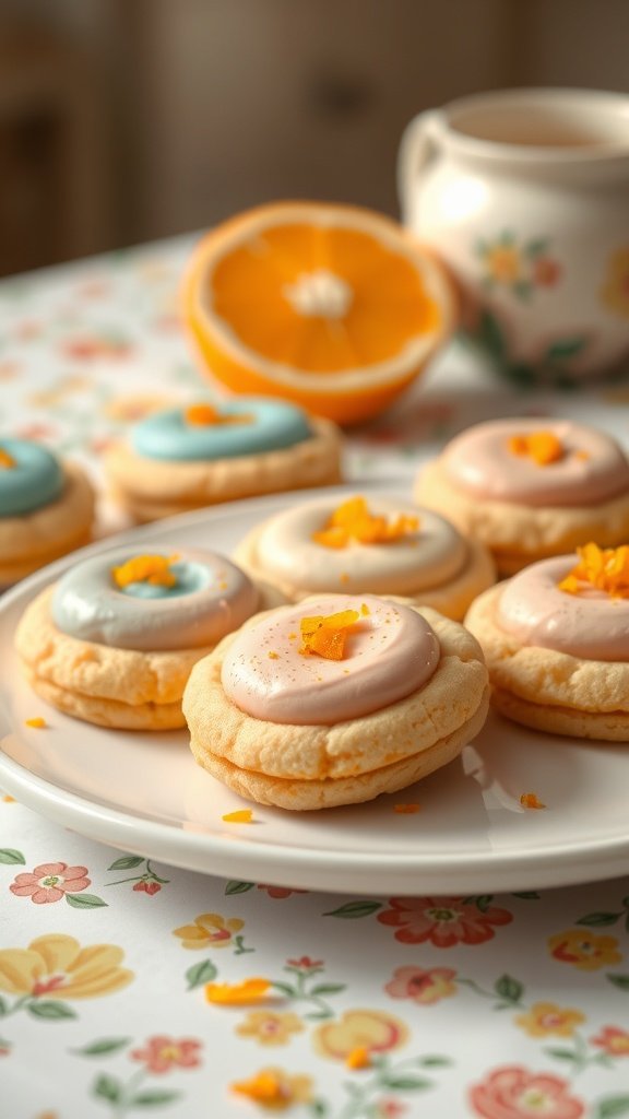 Plate of colorful orange creamsicle cookies with frosting and orange slices