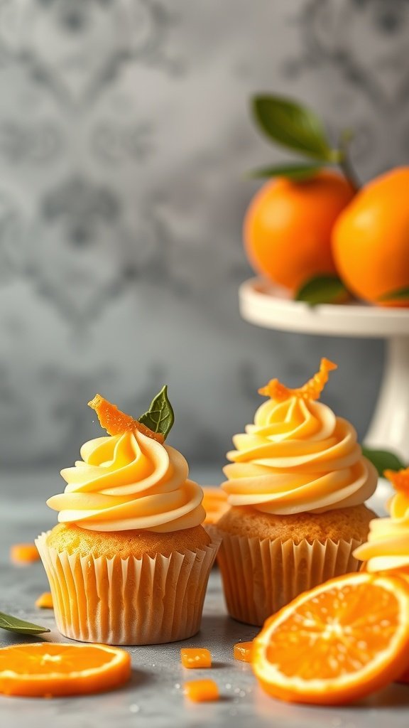 Orange Creamsicle Gender Reveal Cupcakes with orange frosting and slices