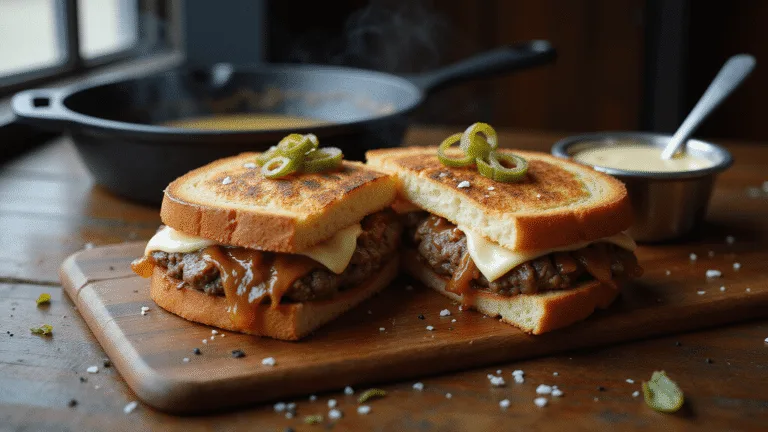 Photorealistic close-up of a grilled patty melt sandwich with caramelized onions on a rustic wooden board, featuring marbled rye bread, melted Swiss cheese, and a seared beef patty, accented with creamy sauce, sea salt, and black pepper, set in a moody diner atmosphere with a cast iron skillet in the background.