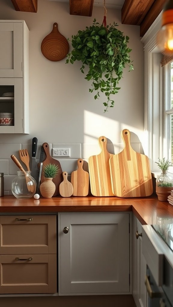 A cozy tiny cottage kitchen featuring a variety of wooden cutting boards displayed on a countertop, with a hanging plant and decorative elements.