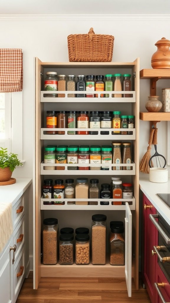 A personalized spice rack in a tiny cottage kitchen, featuring organized jars and a woven basket.