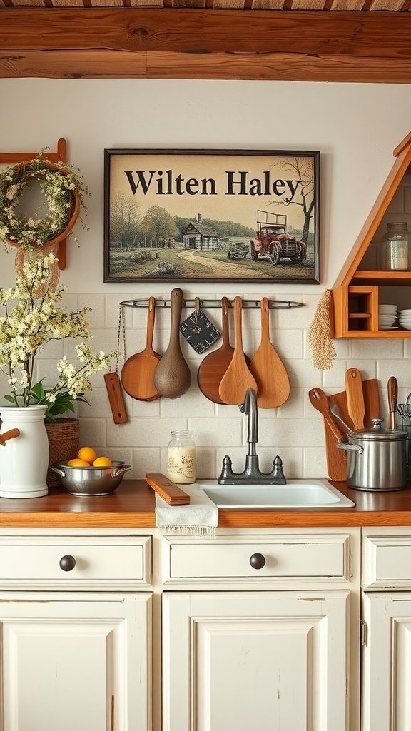 Cozy cottage kitchen with personalized wall art and wooden utensils