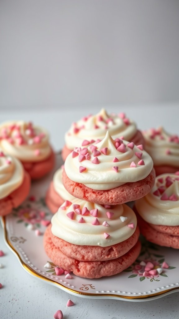 Pink Velvet Gender Reveal Cookies with cream cheese frosting and heart sprinkles