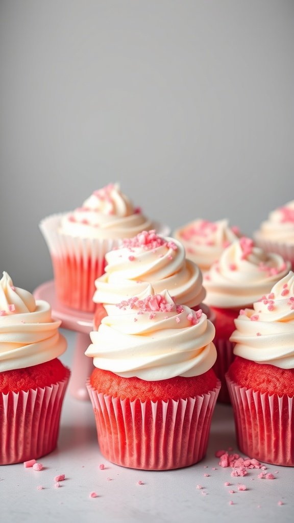 Pink velvet cupcakes with white frosting and pink sprinkles