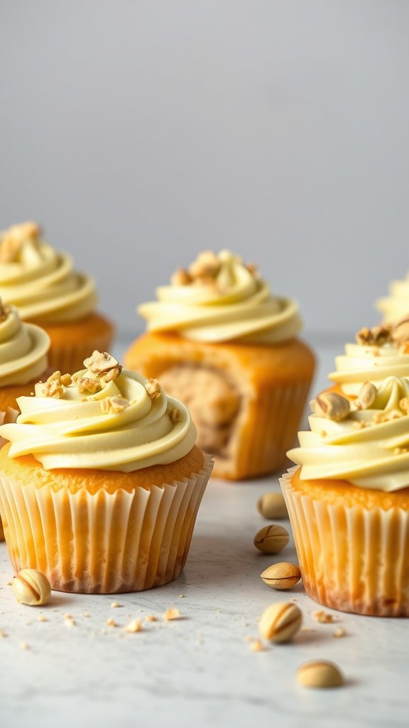 Pistachio gender reveal cupcakes with creamy frosting and chopped pistachios on top.