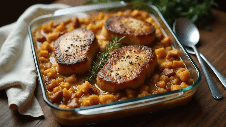 A golden-brown pork chop and stuffing casserole in a glass dish, featuring seared pork chops on herb-flecked stuffing, creamy mushroom sauce, and steam rising, garnished with thyme and cracked pepper, on a rustic wooden table with a vintage napkin.